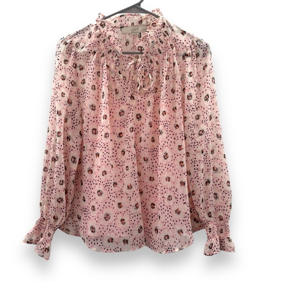 Loft Petite Pink Daisey Ruffle Tie Neck Long Sleeve Blouse Sz SP - Picture 3 of 11